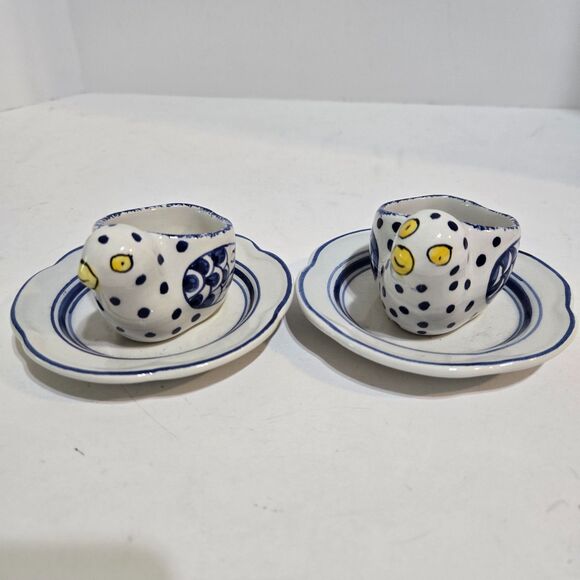 Set of 2 Tiffany & Co. Portugal Egg Cup Blue Polka Dot Chicken Hen hand painted - Picture 3 of 7